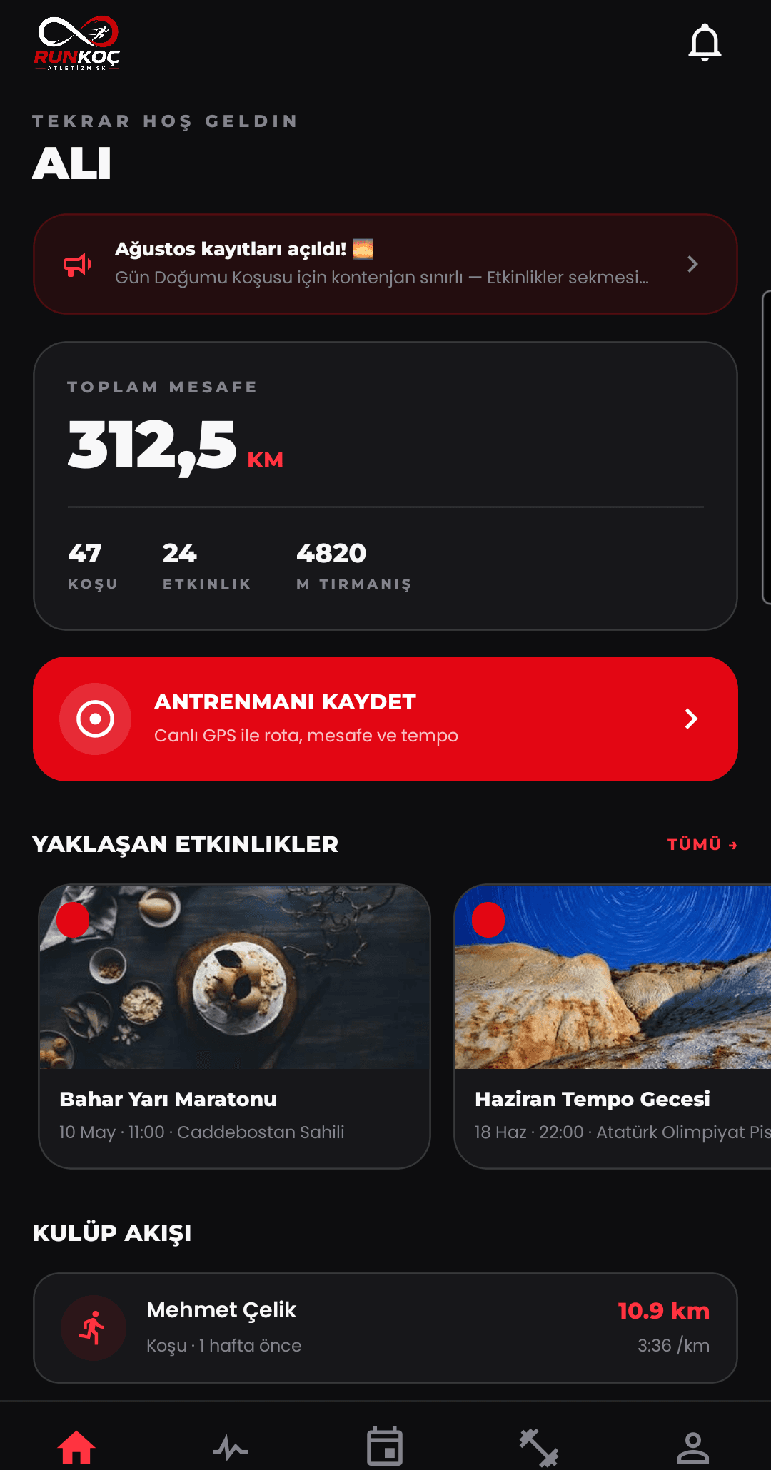 RunKoc mobile app home screen